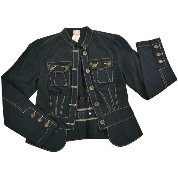 Vintage 80s Faded Glory Black Denim Band Jacket M Contrast Stitching Steampunk - Picture 1 of 12